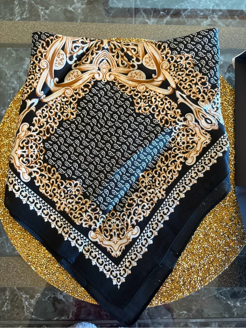 Andantino NWT 100% Silk Black and Gold Baroque Print Scarf